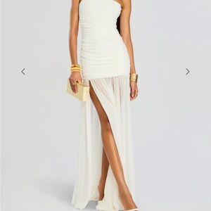 Retrofete Strapless White Ruched High-Slit Evening Dress